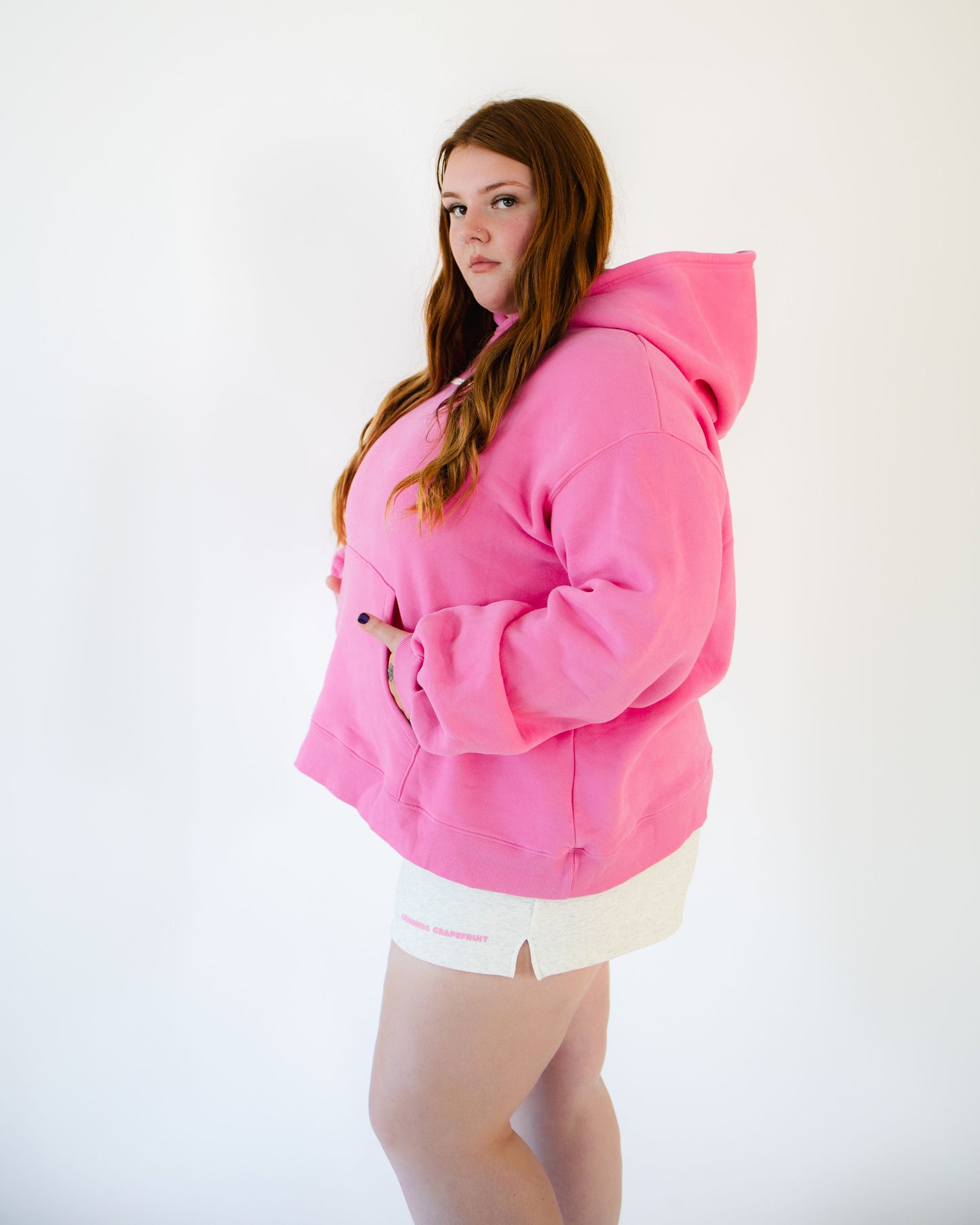 Woman modelling 3XL Sunday Funday pink puff hoodie